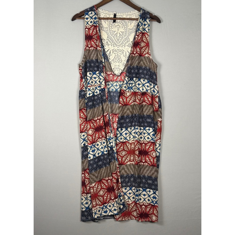 Kori Duster Vest Women Small Multi Color Patchwork Lace Boho Excellent KR3039